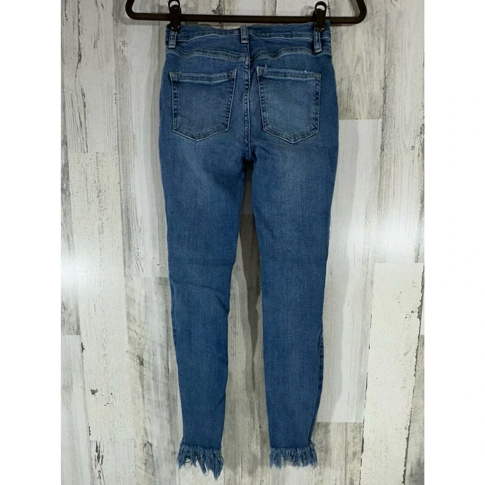Free People Skinny Jeans 25 Blue Distressed Fringed Hem Mid Rise Boho Denim